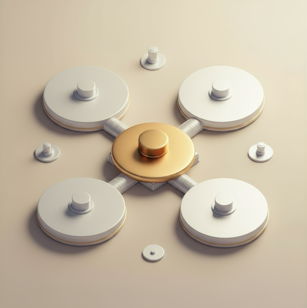 A render of three white cylindrical columns, against a warm creme background
